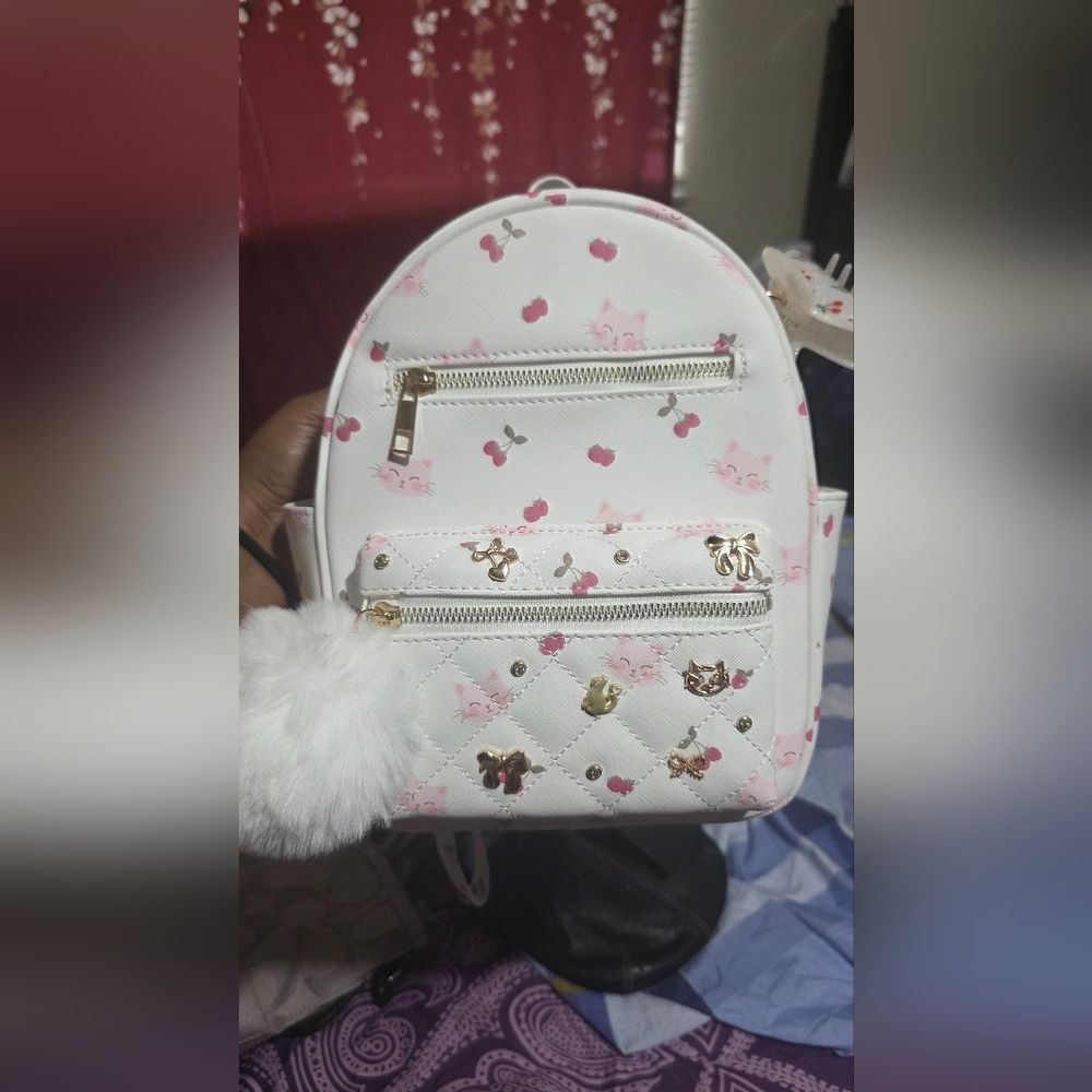 Under One Sky White Mini Backpack with Pink Cherry & Cat Print and Gold Accents